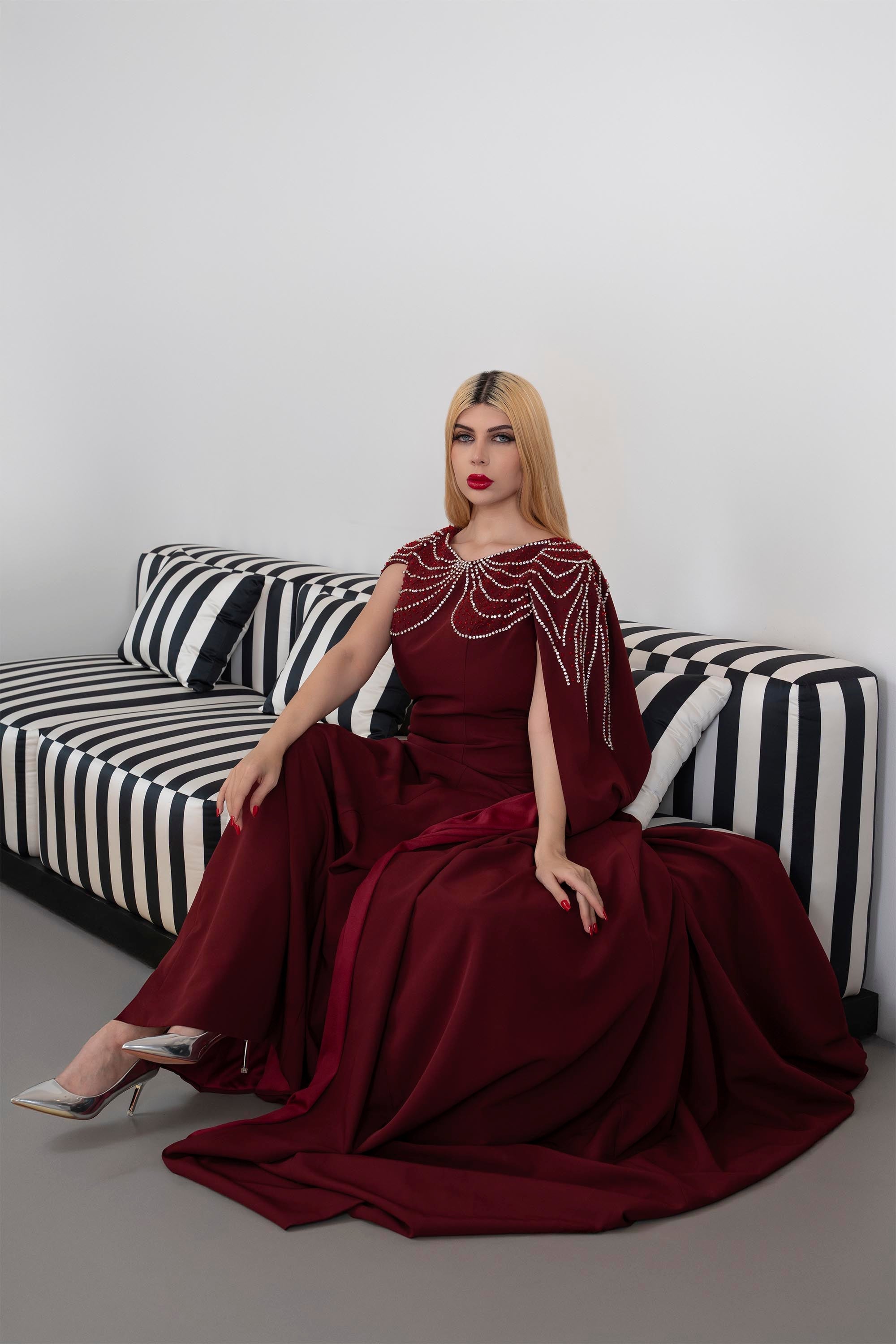 Sleeveless A-Line Gown with Pearl-Embellished Cape - RUBY