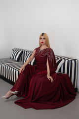 Sleeveless A-Line Gown with Pearl-Embellished Cape - RUBY
