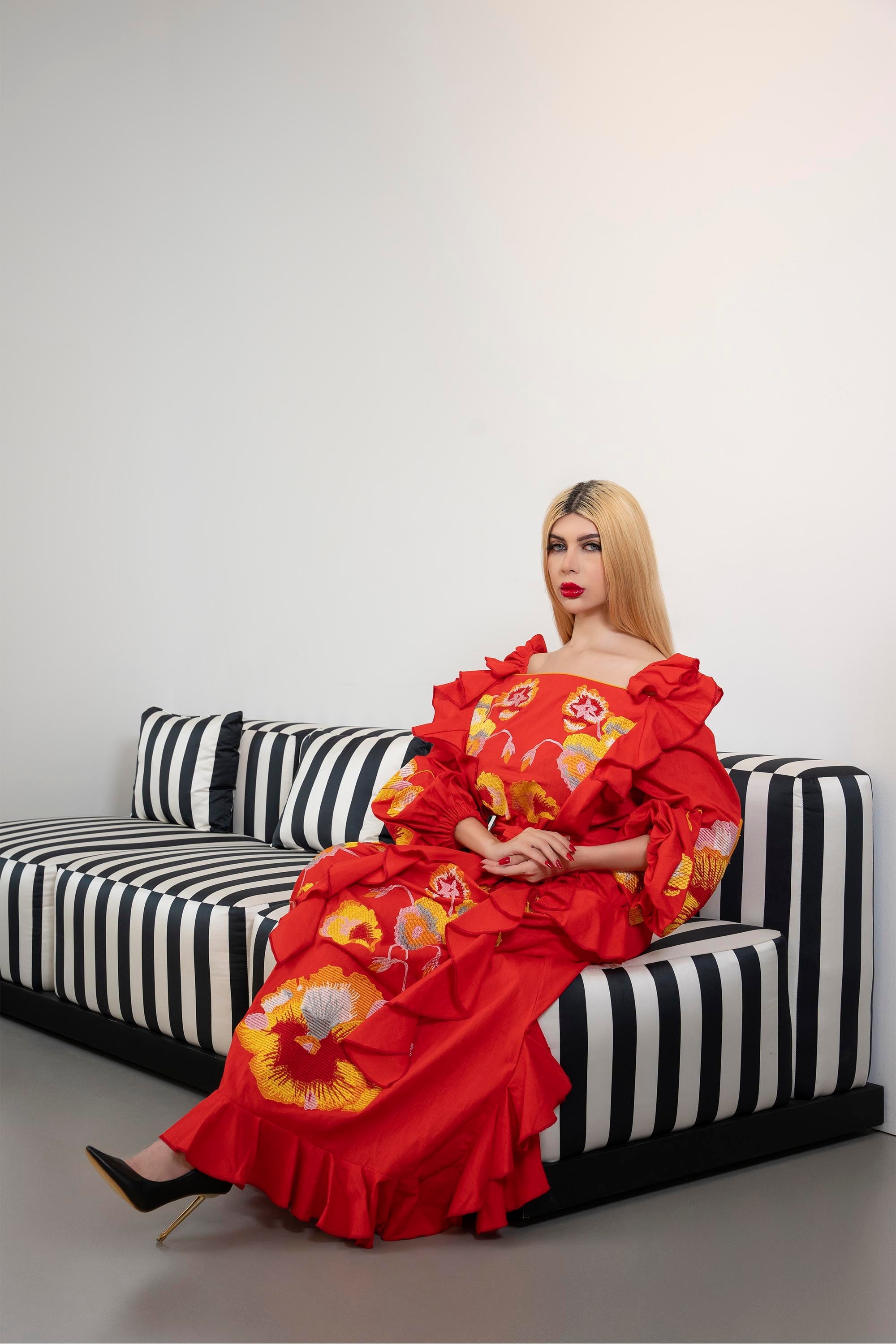 Off-Shoulder Ruffled Maxi Dress with Embroidery – FLAMENCA