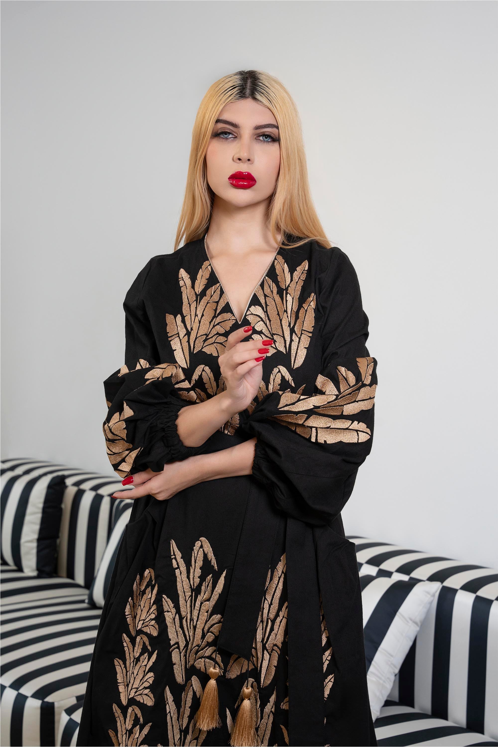 Embroidered Maxi Dress with Tassel Belt – MIDNIGHT