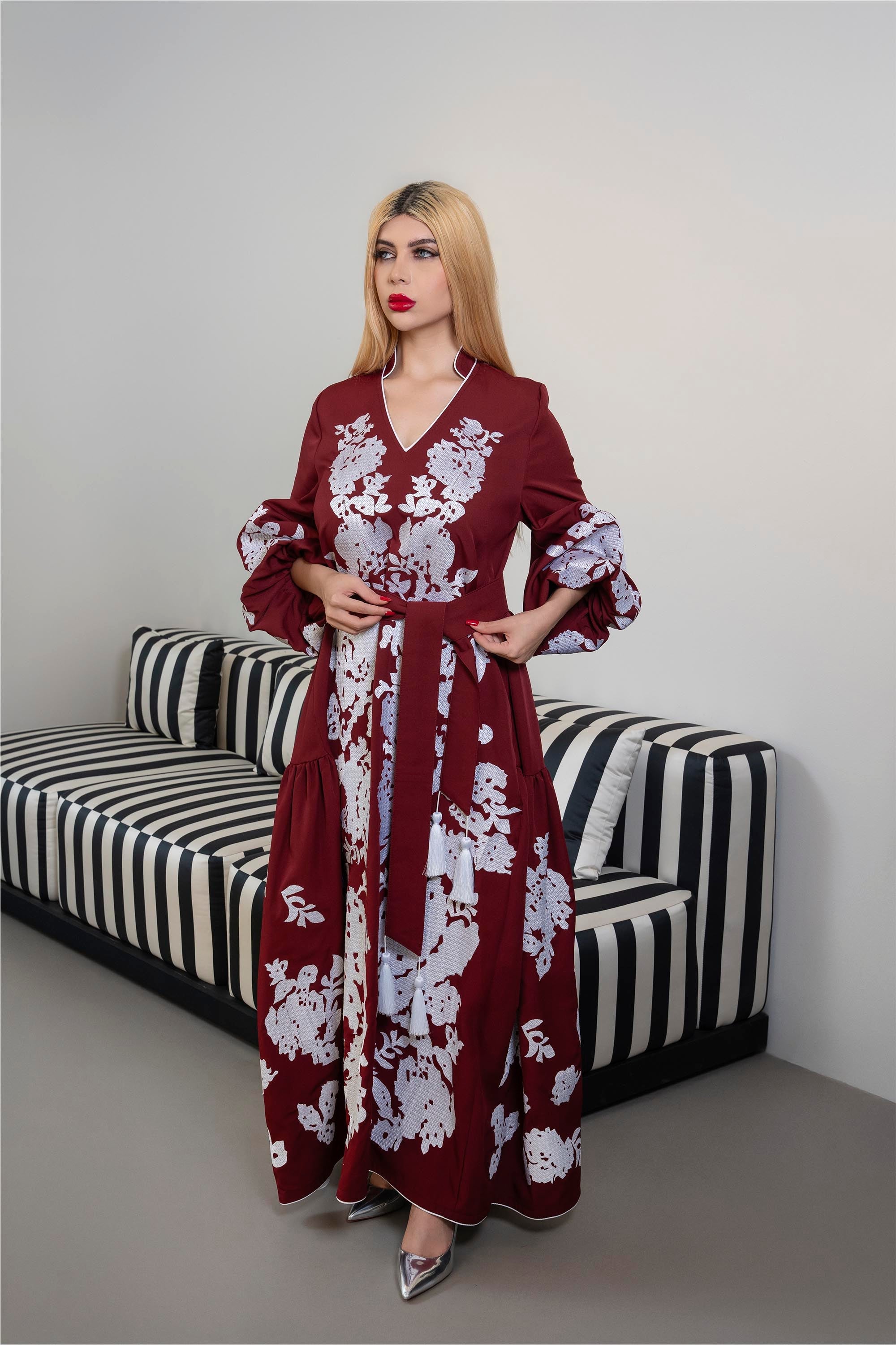 Embroidered Maxi Dress with Ruffled Sleeves – BORDEAUX