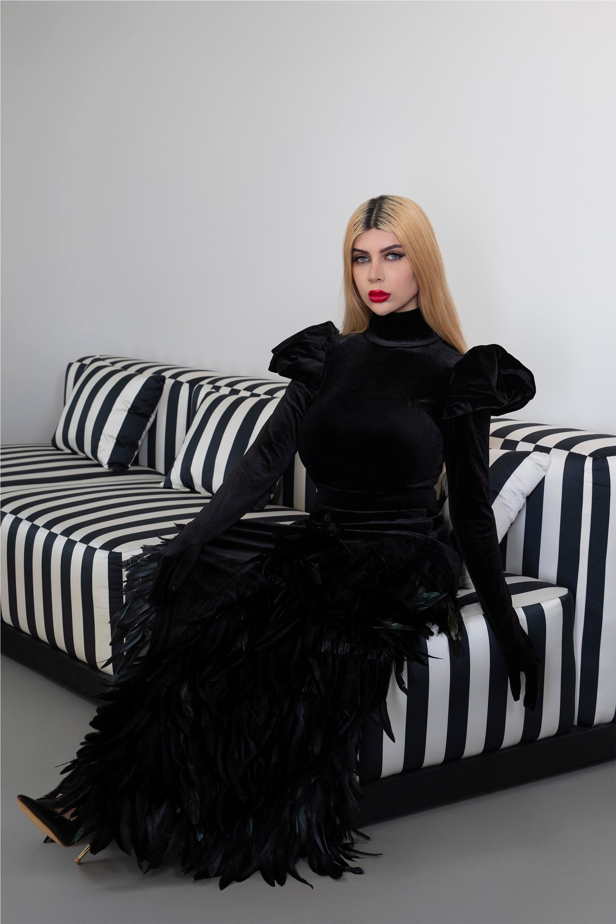 Long sleeve velvet dress with puffed shoulders and fathered skirt - ISLA