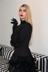 Long sleeve dress with gloves and A line feathered skirt - REYNA