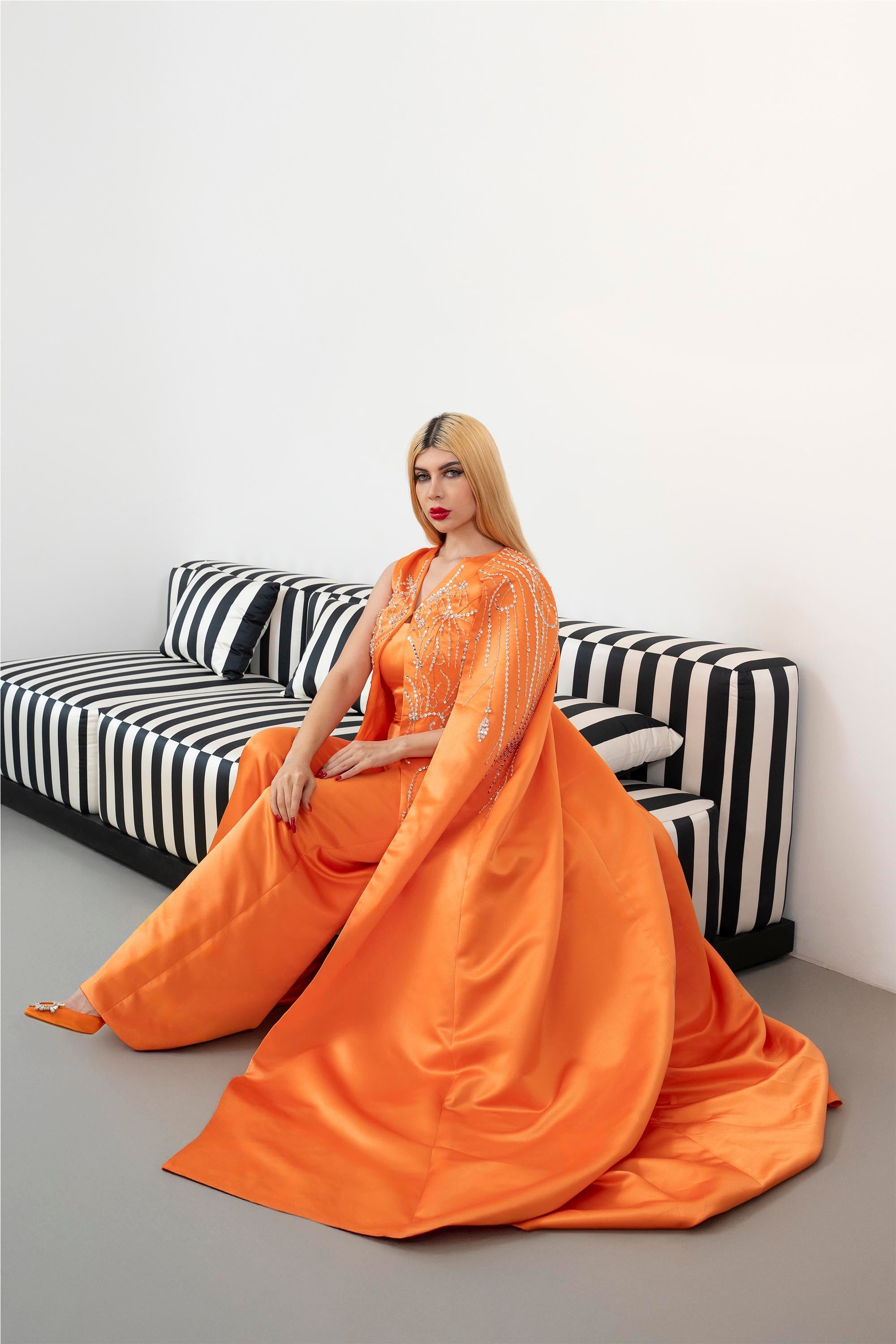 Sleeveless Embellished Jumpsuit with Satin Cape - SUNSET