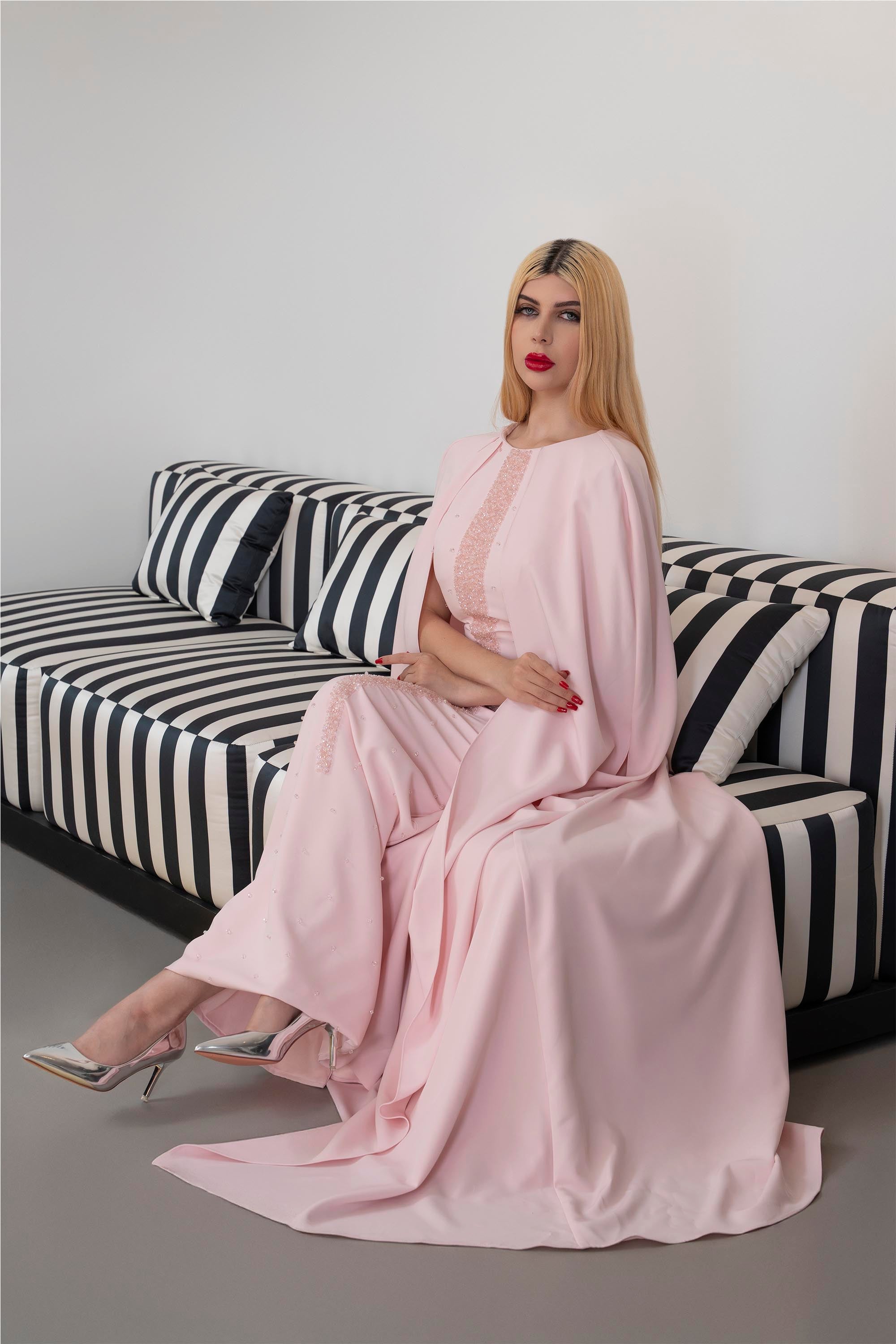 Long-Sleeve Column Dress with Embellished Front and Cape - BLUSH