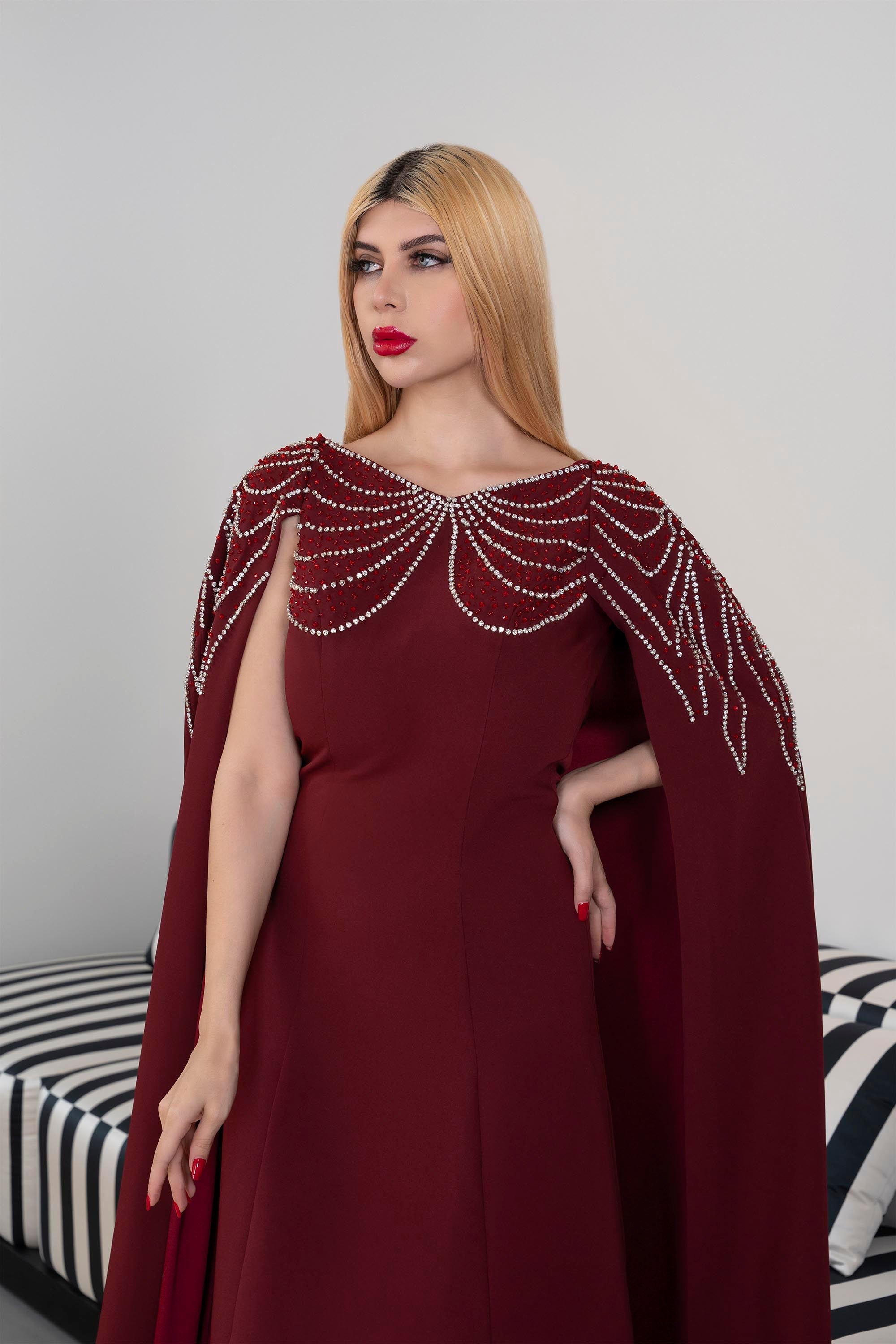 Sleeveless A-Line Gown with Pearl-Embellished Cape - RUBY
