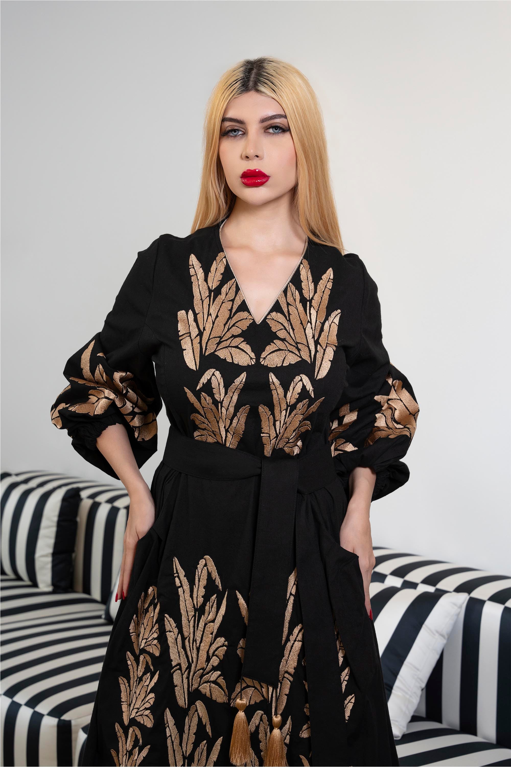 Embroidered Maxi Dress with Tassel Belt – MIDNIGHT