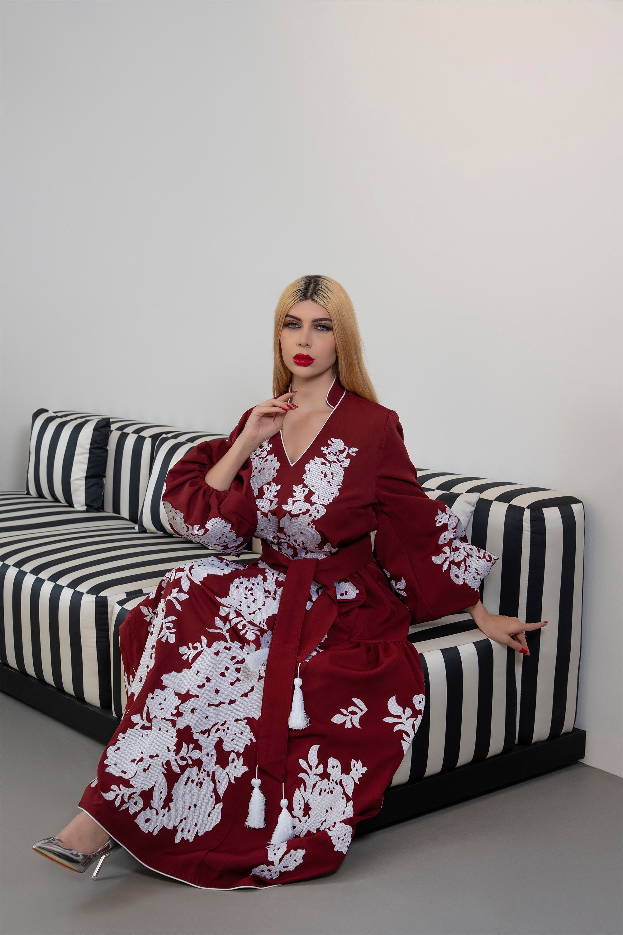 Embroidered Maxi Dress with Ruffled Sleeves – BORDEAUX
