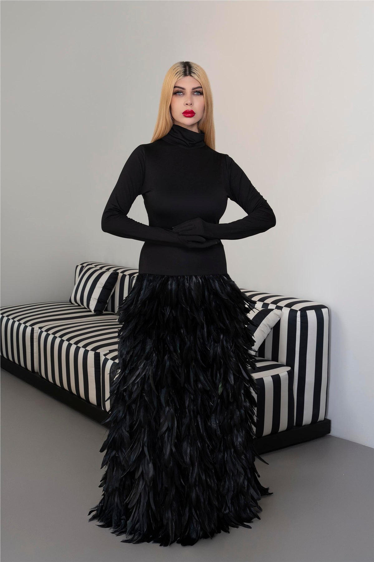 Long sleeve dress with gloves and A line feathered skirt - REYNA