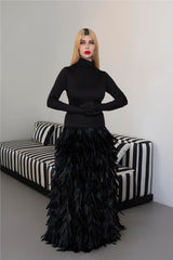 Long sleeve dress with gloves and A line feathered skirt - REYNA