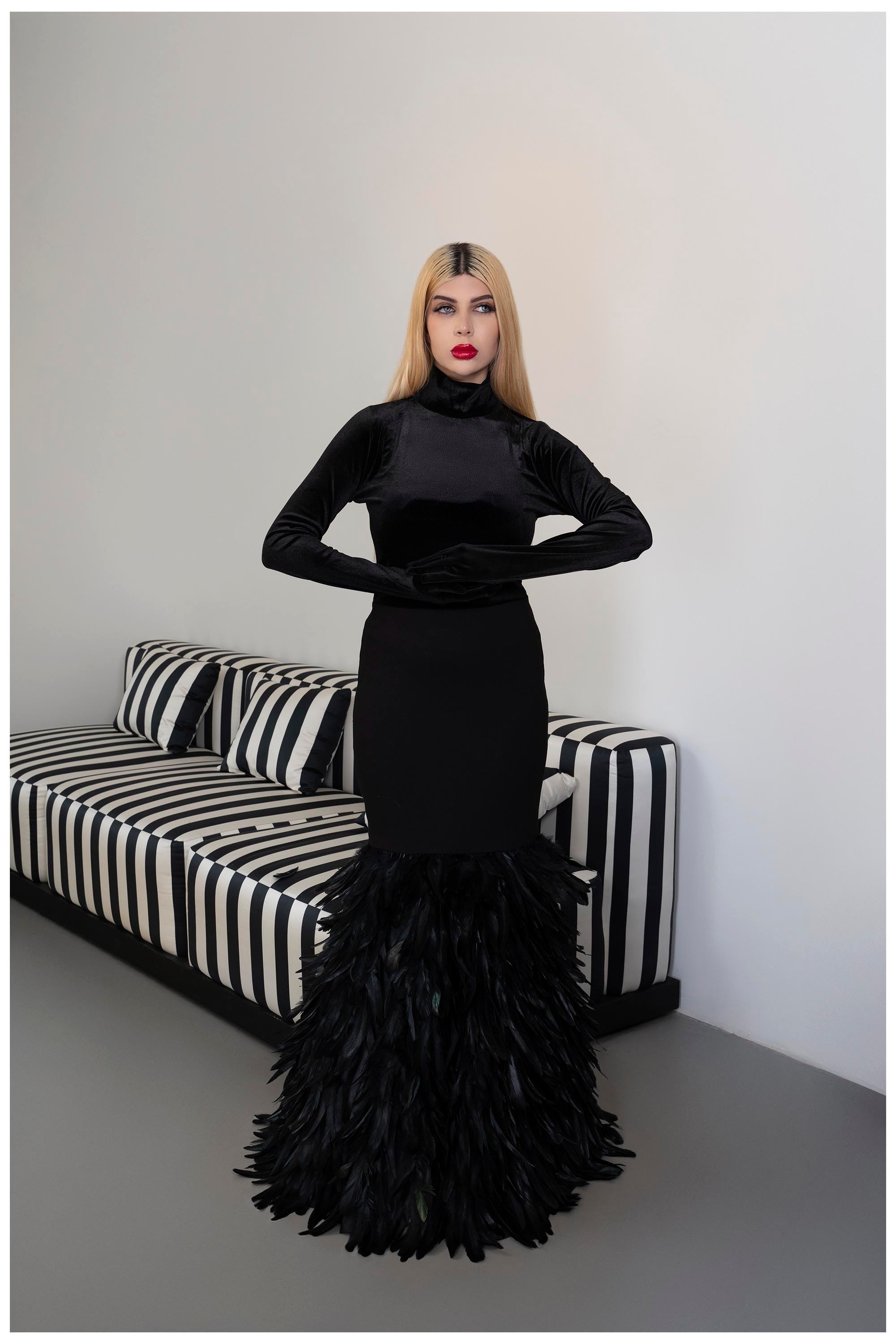 Long sleeve dress with velvet top and feathered fishtail train - NYLA