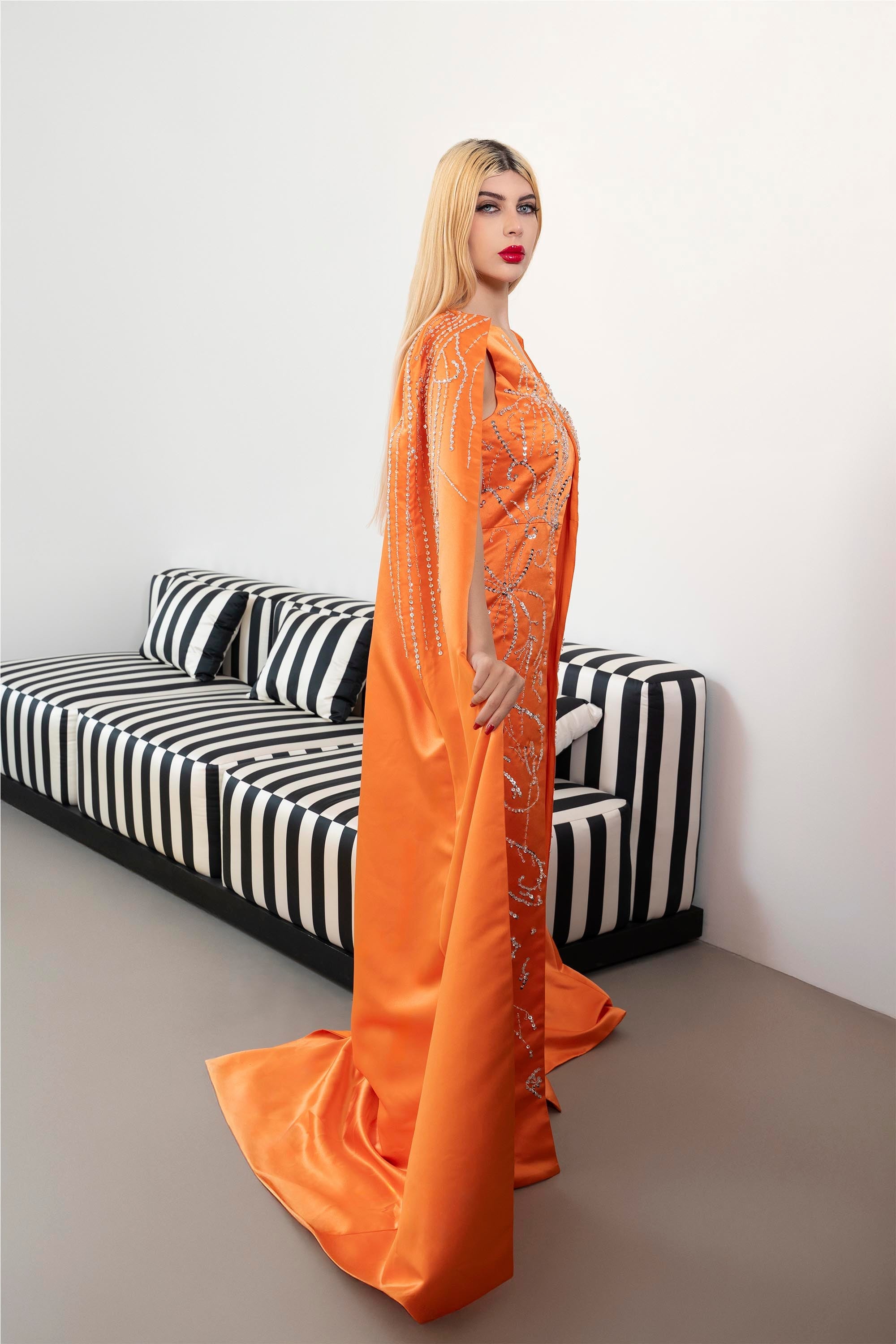 Sleeveless Embellished Jumpsuit with Satin Cape - SUNSET