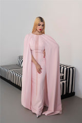 Long-Sleeve Column Dress with Embellished Front and Cape - BLUSH