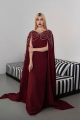 Sleeveless A-Line Gown with Pearl-Embellished Cape - RUBY