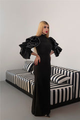 High-Neck Column Dress with Ruffled Statement Sleeves - ONYX