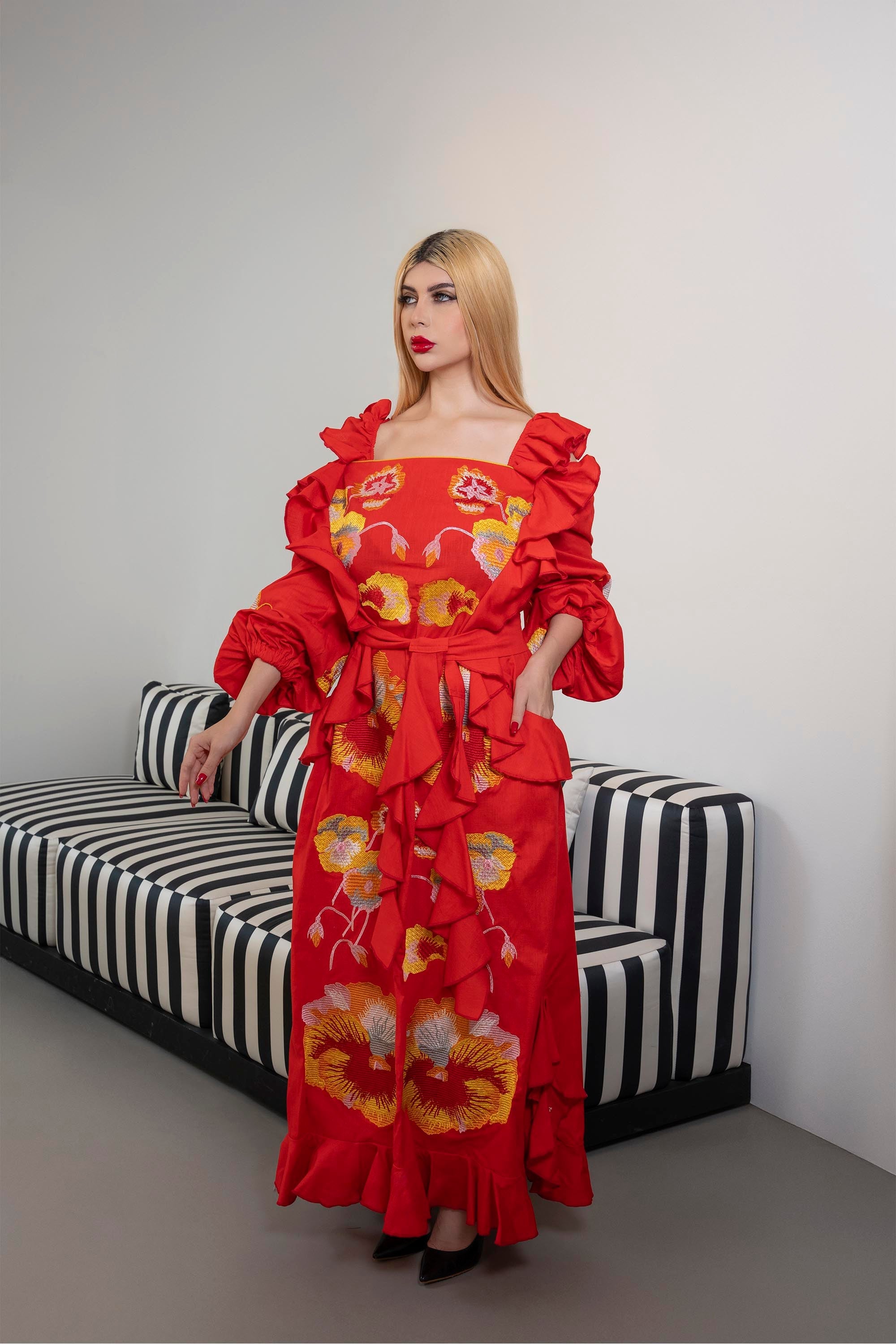 Off-Shoulder Ruffled Maxi Dress with Embroidery – FLAMENCA