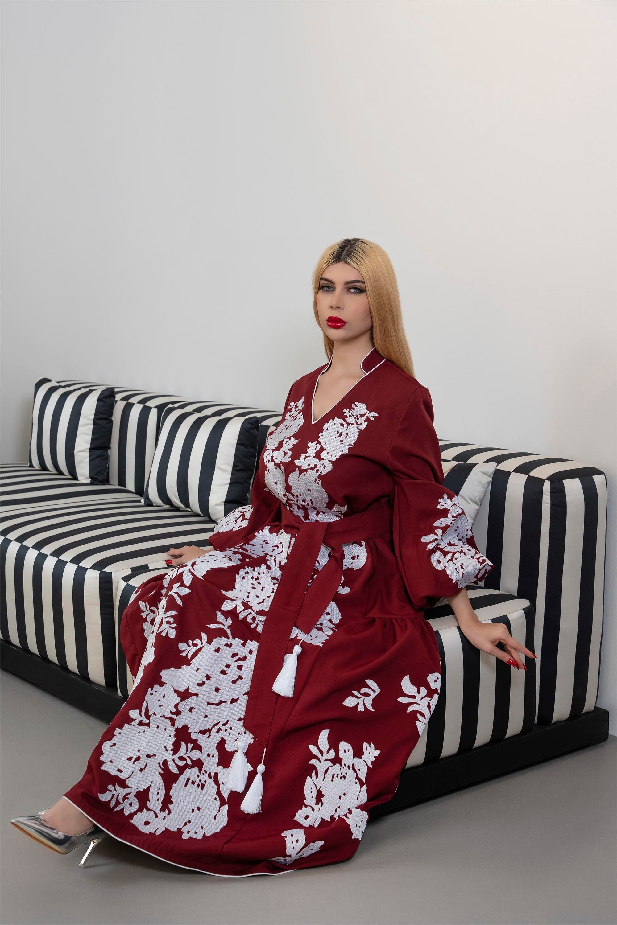 Embroidered Maxi Dress with Ruffled Sleeves – BORDEAUX