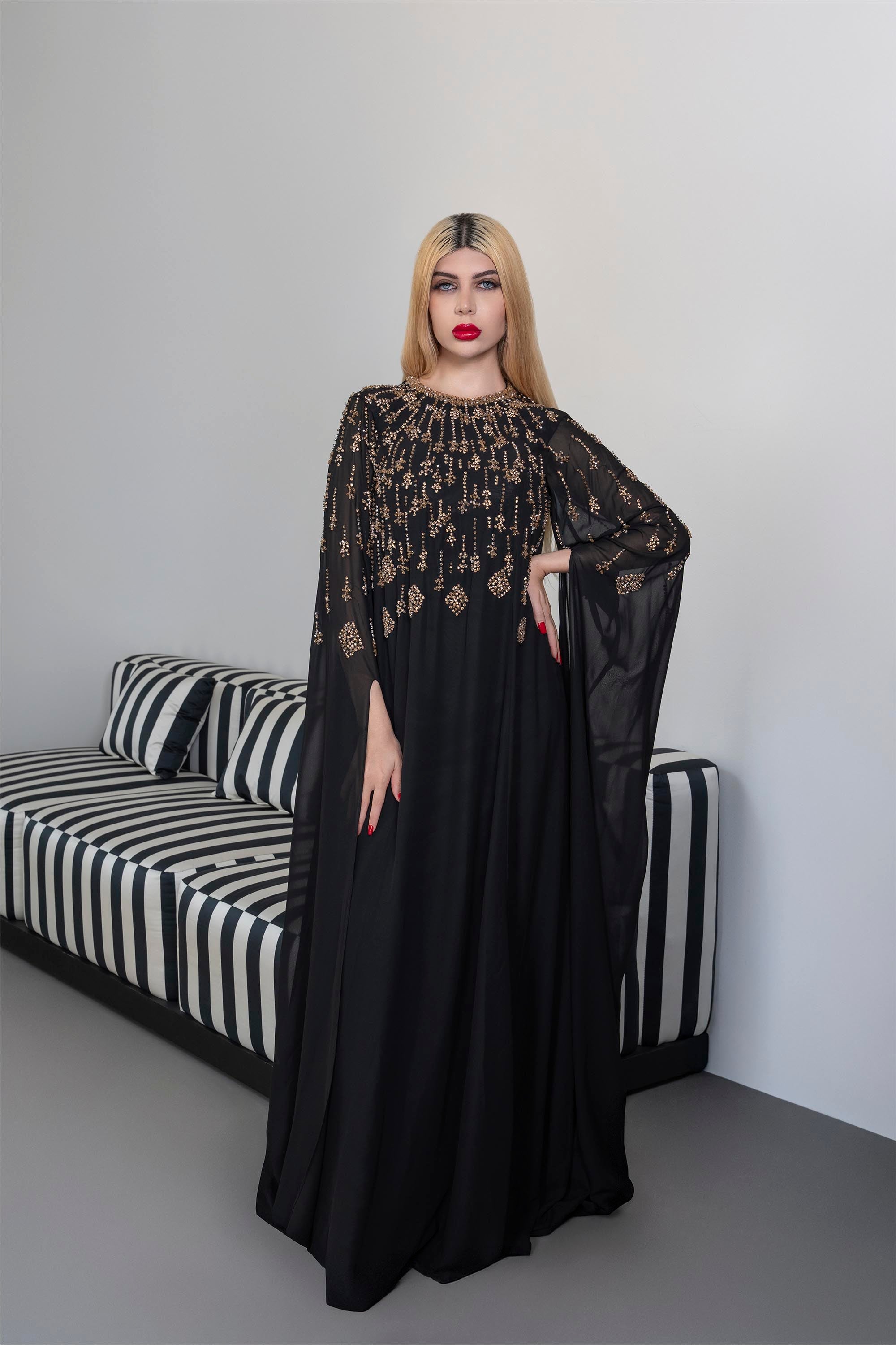 Embellished Chiffon Dress with Flowing Sleeves - Margaret