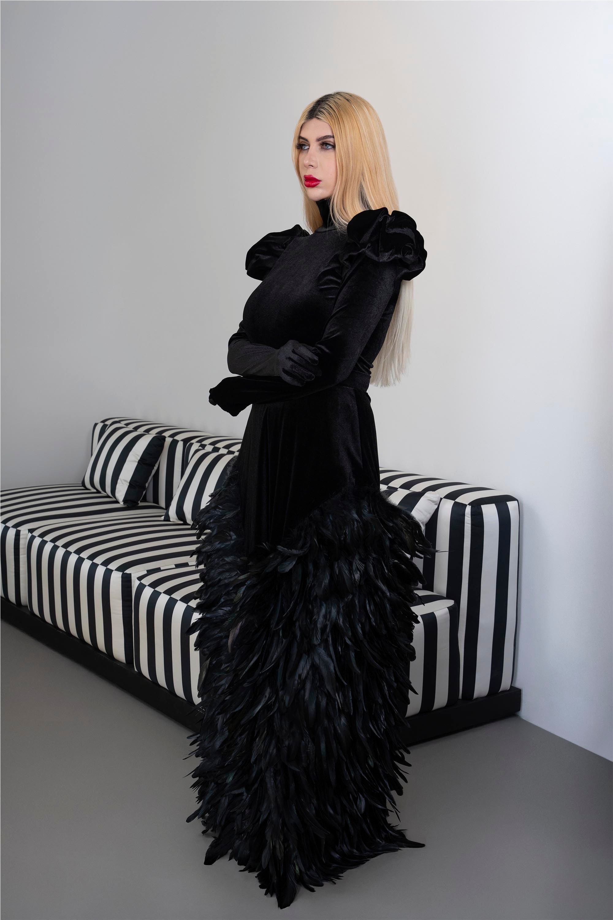 Long sleeve velvet dress with puffed shoulders and fathered skirt - ISLA