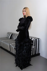 Long sleeve velvet dress with puffed shoulders and fathered skirt - ISLA