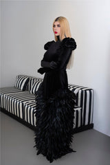 Long sleeve velvet dress with puffed shoulders and fathered skirt - ISLA