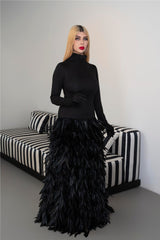 Long sleeve dress with gloves and A line feathered skirt - REYNA