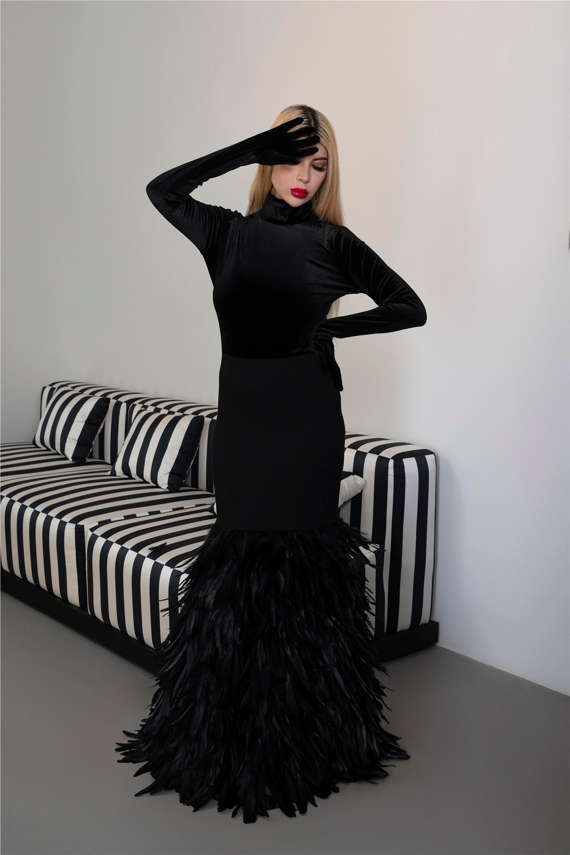 Long sleeve dress with velvet top and feathered fishtail train - NYLA