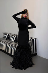 Long sleeve dress with velvet top and feathered fishtail train - NYLA