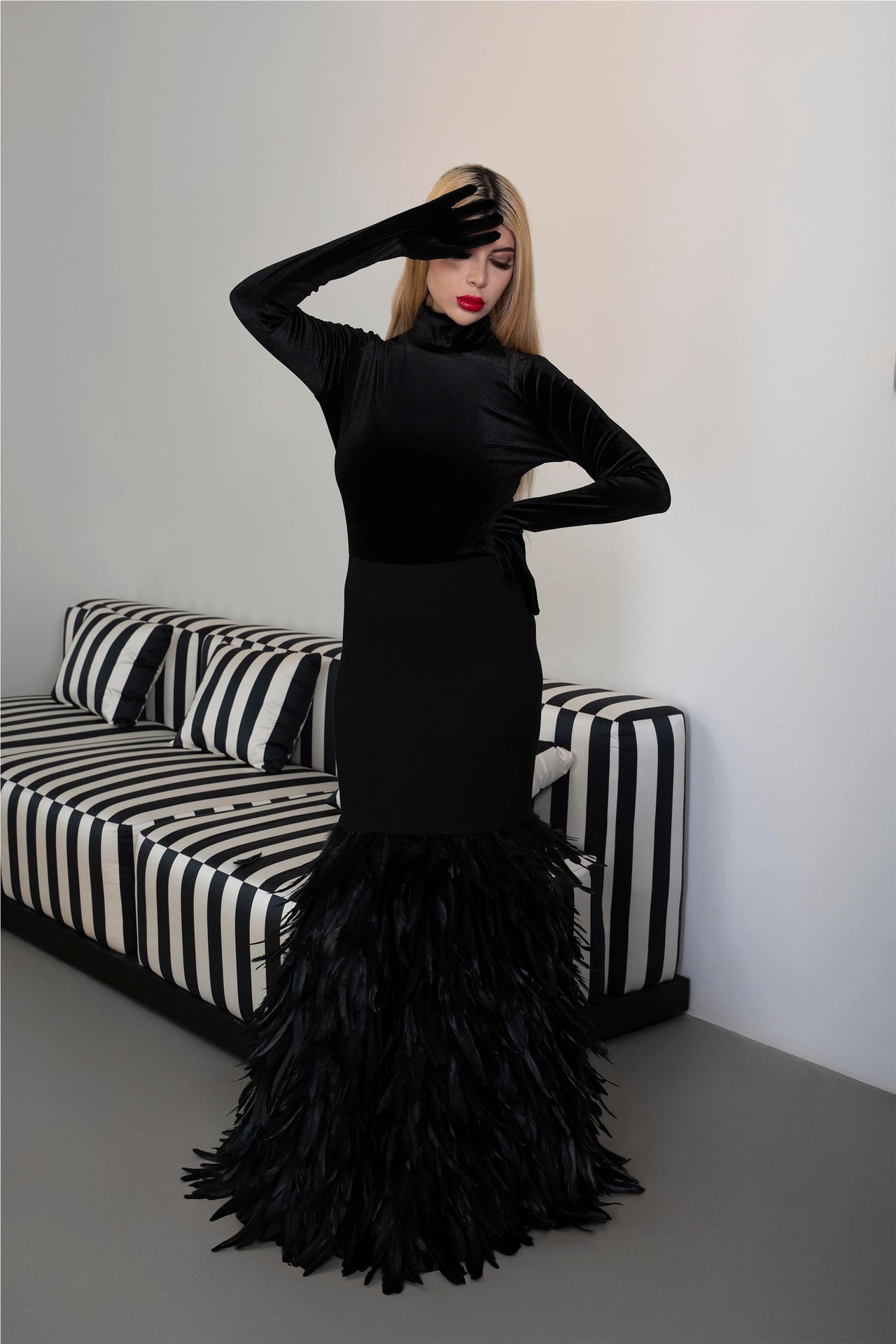 Long sleeve dress with velvet top and feathered fishtail train - NYLA