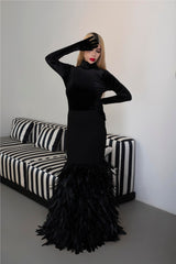 Long sleeve dress with velvet top and feathered fishtail train - NYLA