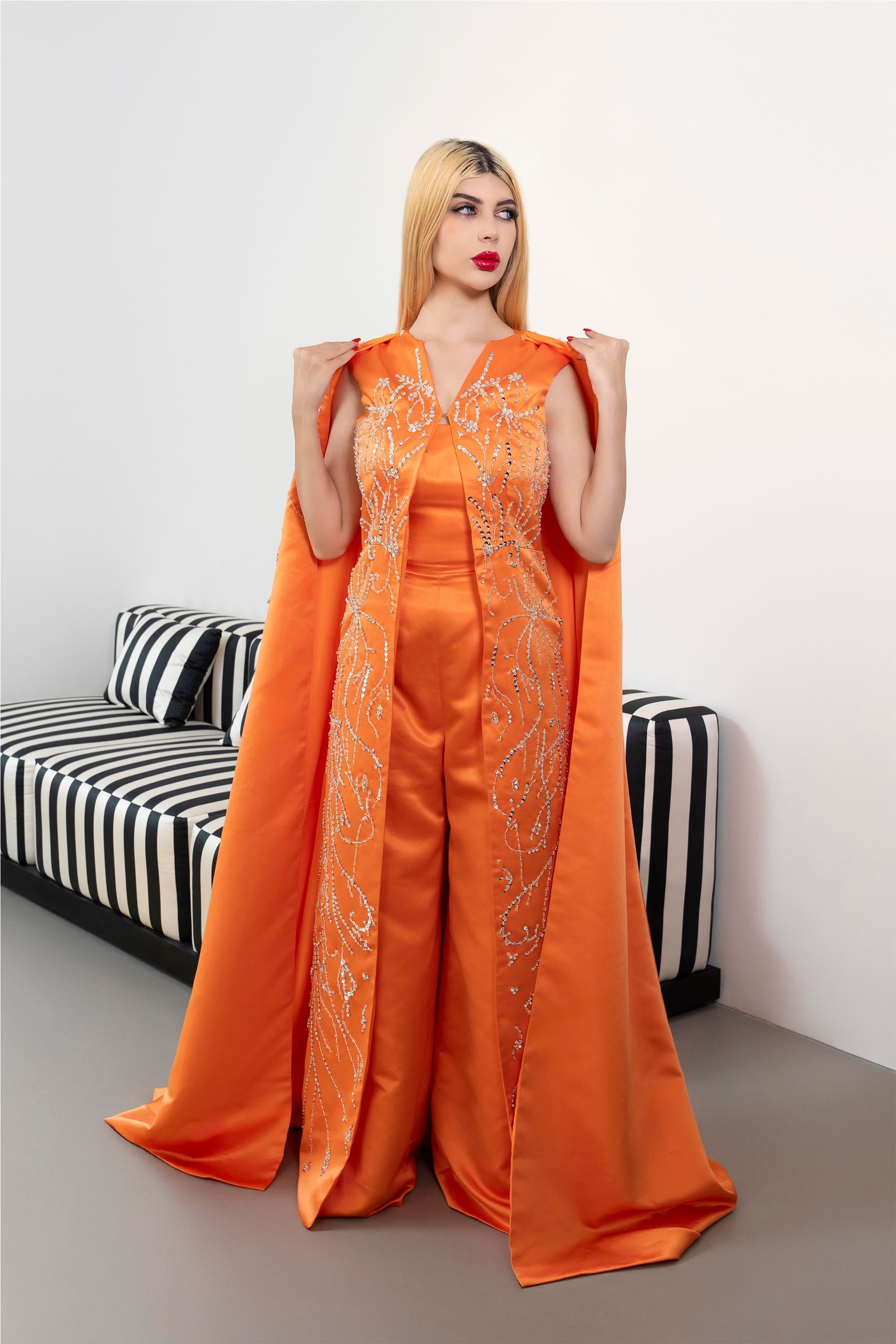 Sleeveless Embellished Jumpsuit with Satin Cape - SUNSET