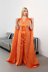 Sleeveless Embellished Jumpsuit with Satin Cape - SUNSET