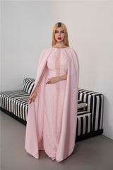 Long-Sleeve Column Dress with Embellished Front and Cape - BLUSH