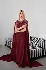 Sleeveless A-Line Gown with Pearl-Embellished Cape - RUBY