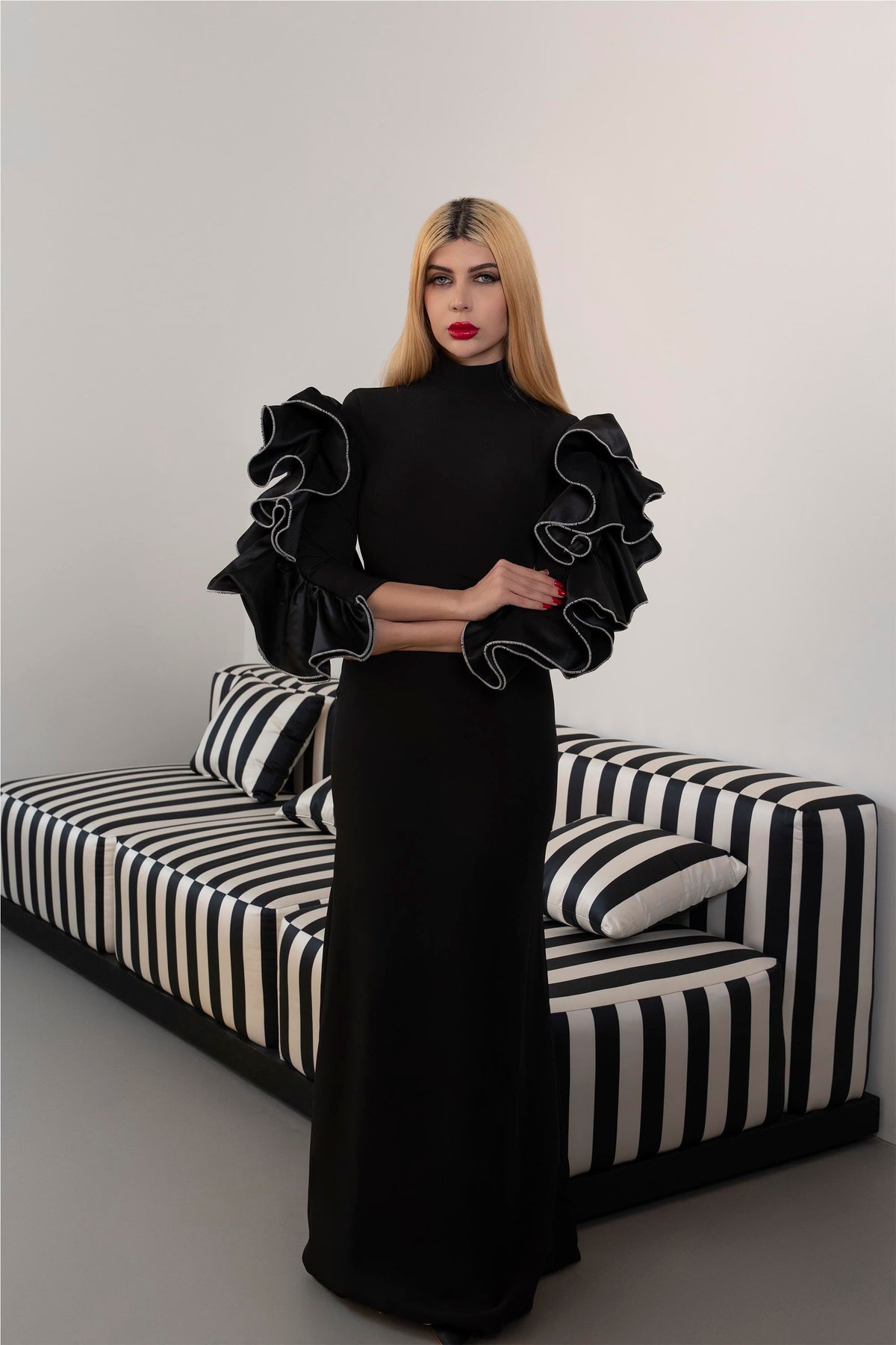High-Neck Column Dress with Ruffled Statement Sleeves - ONYX
