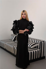 High-Neck Column Dress with Ruffled Statement Sleeves - ONYX