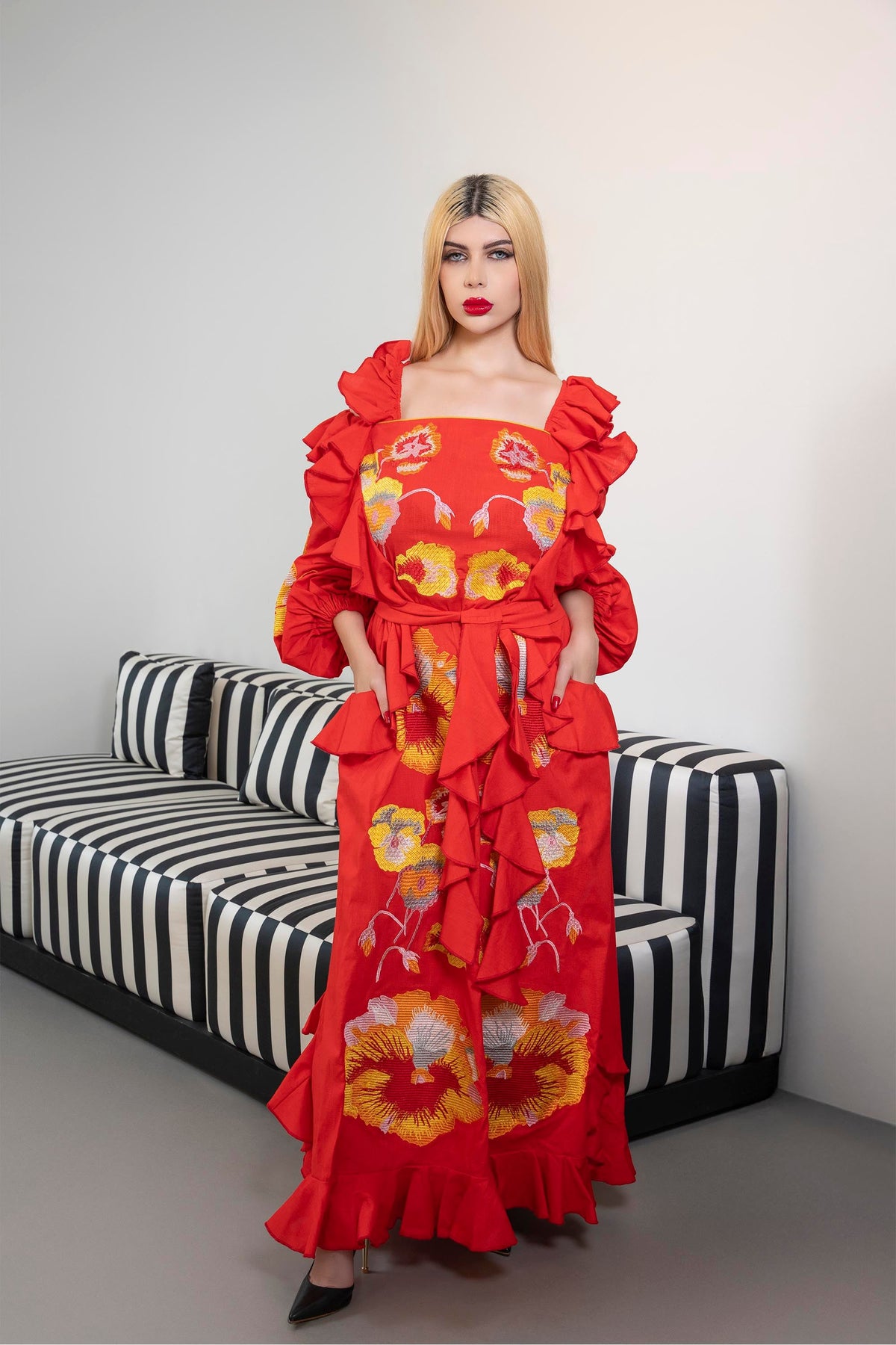 Off-Shoulder Ruffled Maxi Dress with Embroidery – FLAMENCA