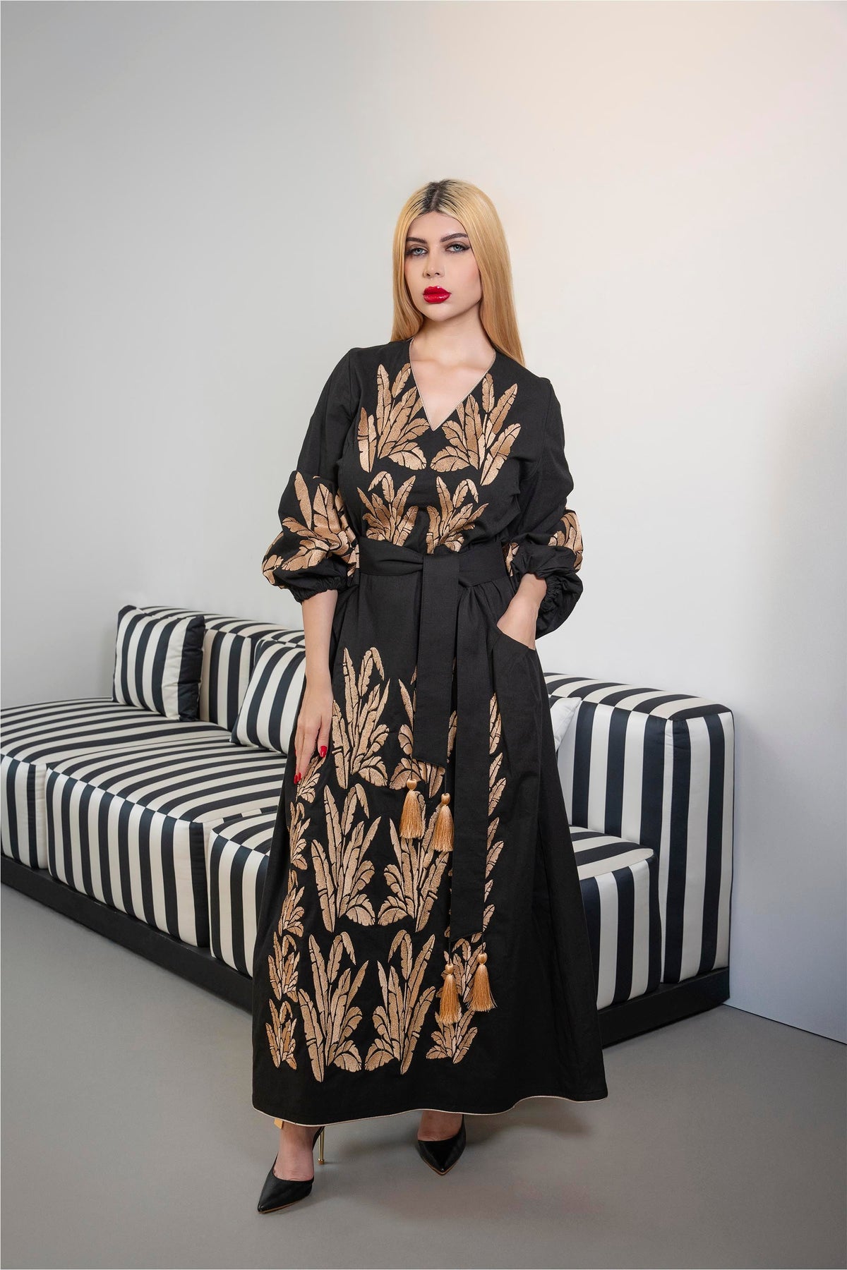 Embroidered Maxi Dress with Tassel Belt – MIDNIGHT