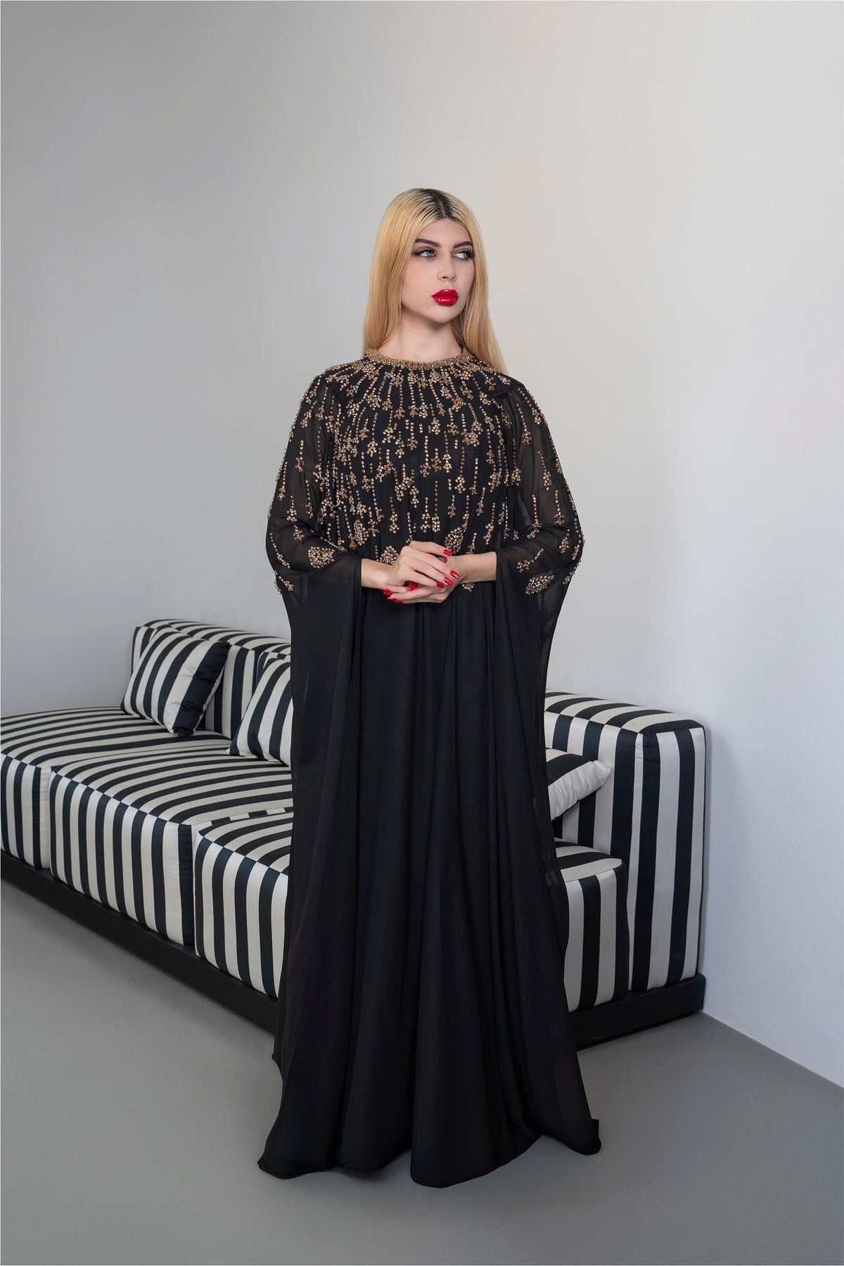 Embellished Chiffon Dress with Flowing Sleeves - Margaret