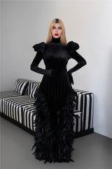 Long sleeve velvet dress with puffed shoulders and fathered skirt - ISLA
