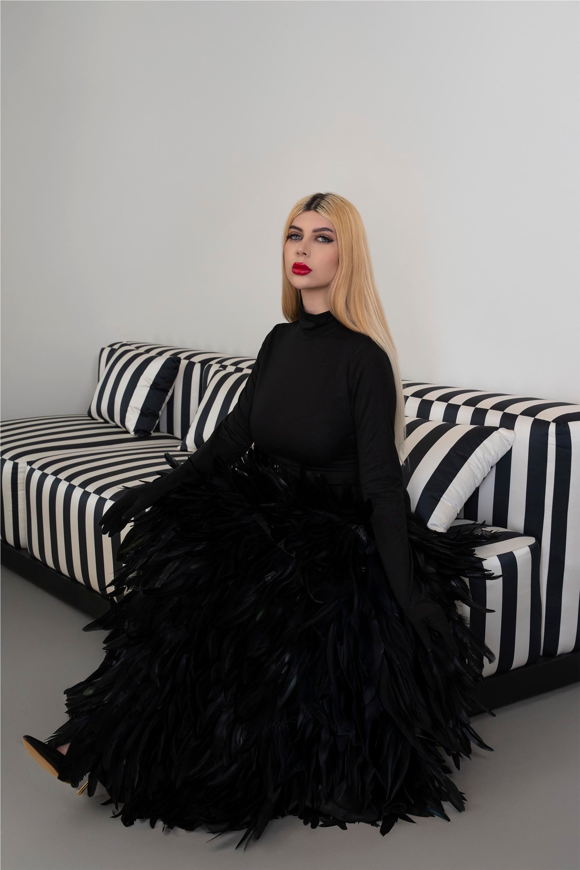 Long sleeve dress with gloves and A line feathered skirt - REYNA