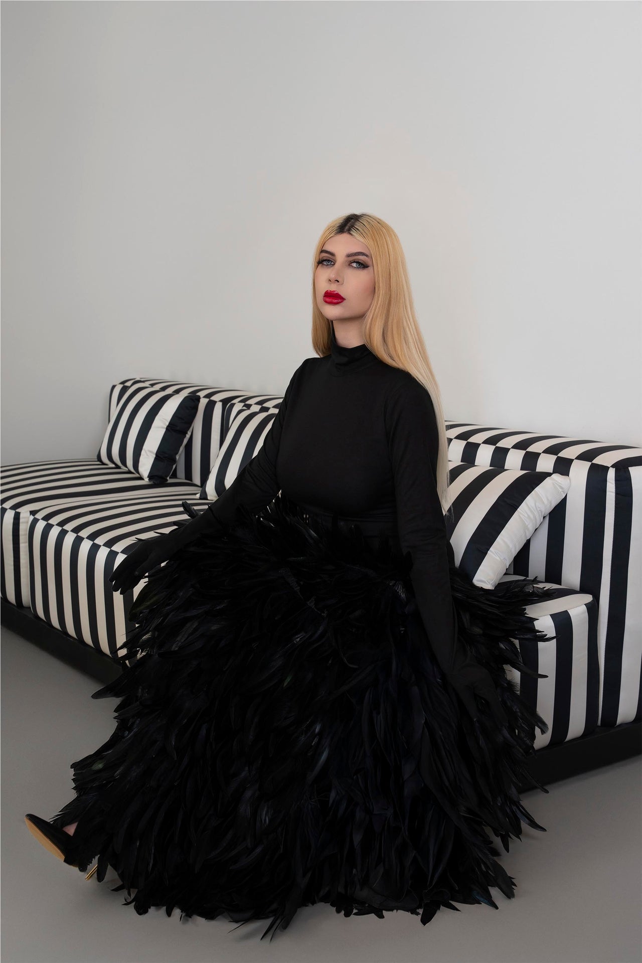 Long sleeve dress with gloves and A line feathered skirt - REYNA