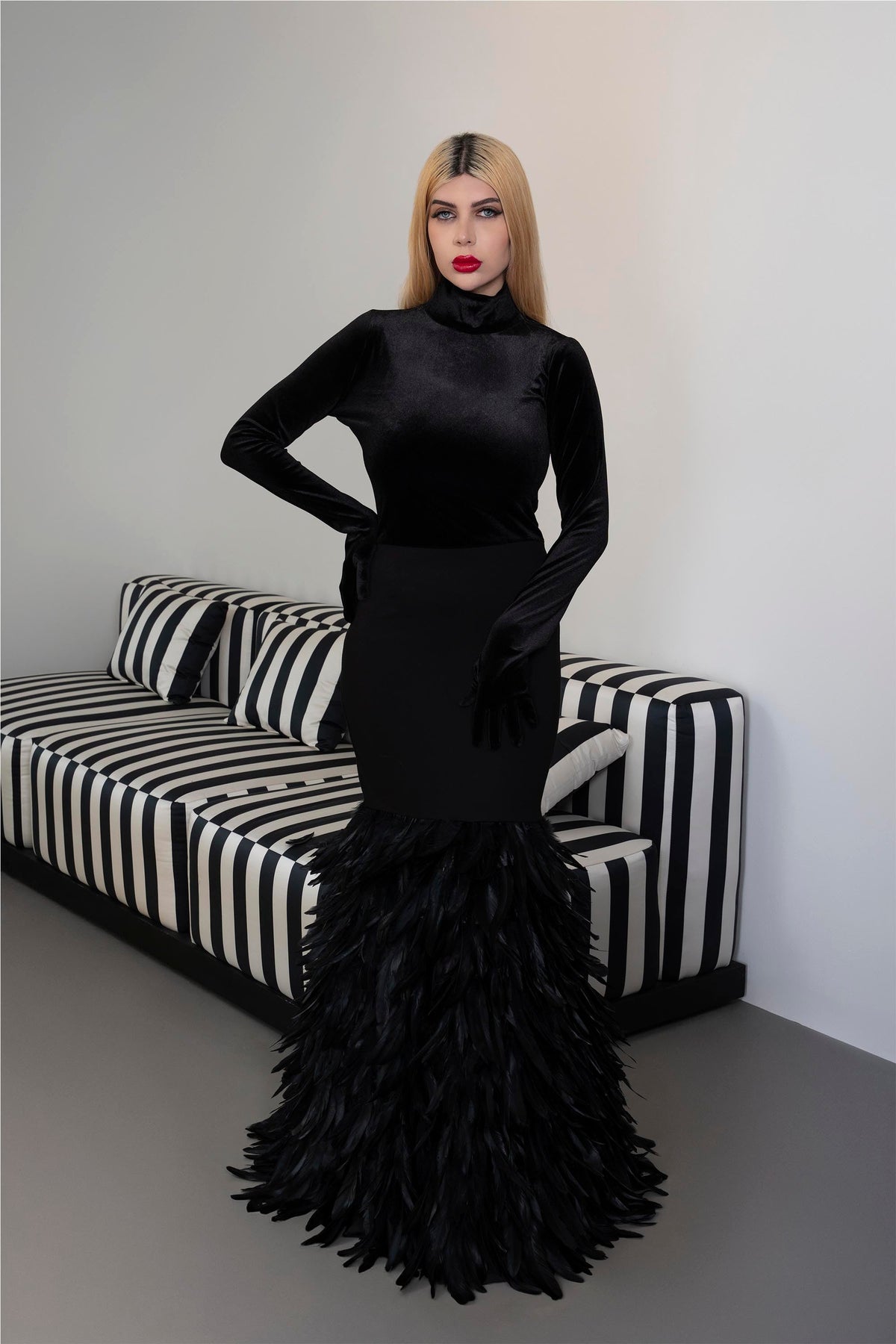 Long sleeve dress with velvet top and feathered fishtail train - NYLA