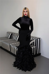Long sleeve dress with velvet top and feathered fishtail train - NYLA