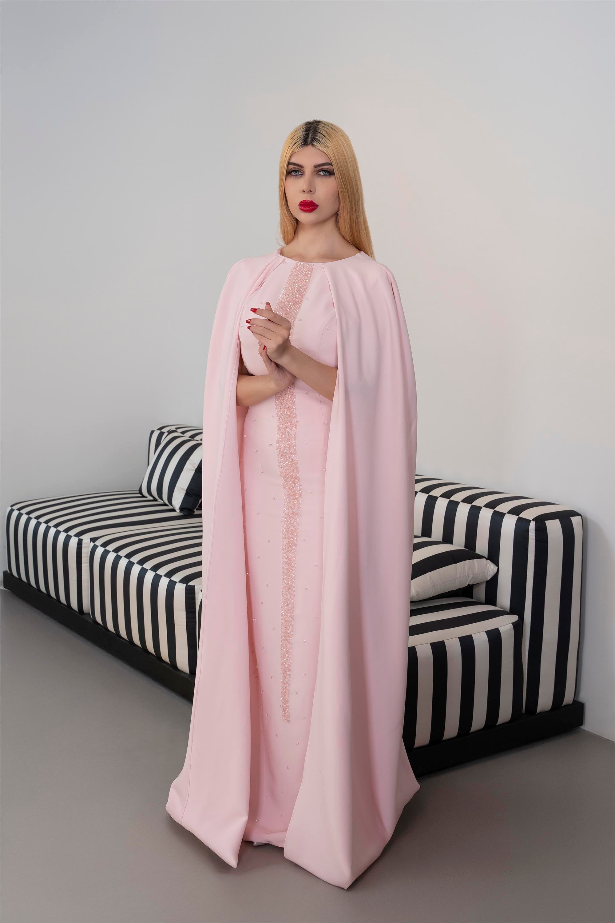 Long-Sleeve Column Dress with Embellished Front and Cape - BLUSH