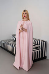 Long-Sleeve Column Dress with Embellished Front and Cape - BLUSH