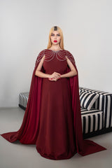 Sleeveless A-Line Gown with Pearl-Embellished Cape - RUBY
