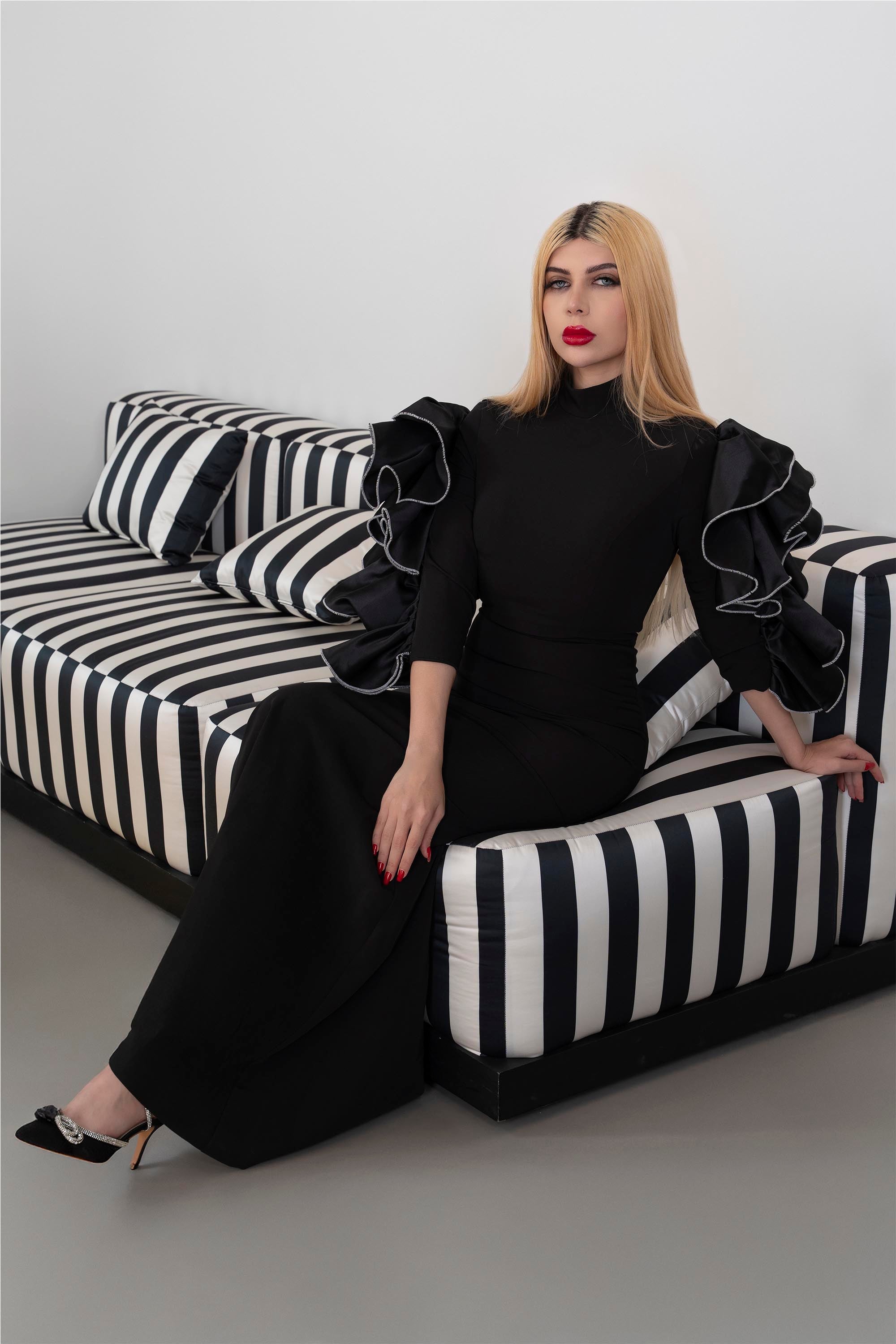 High-Neck Column Dress with Ruffled Statement Sleeves - ONYX