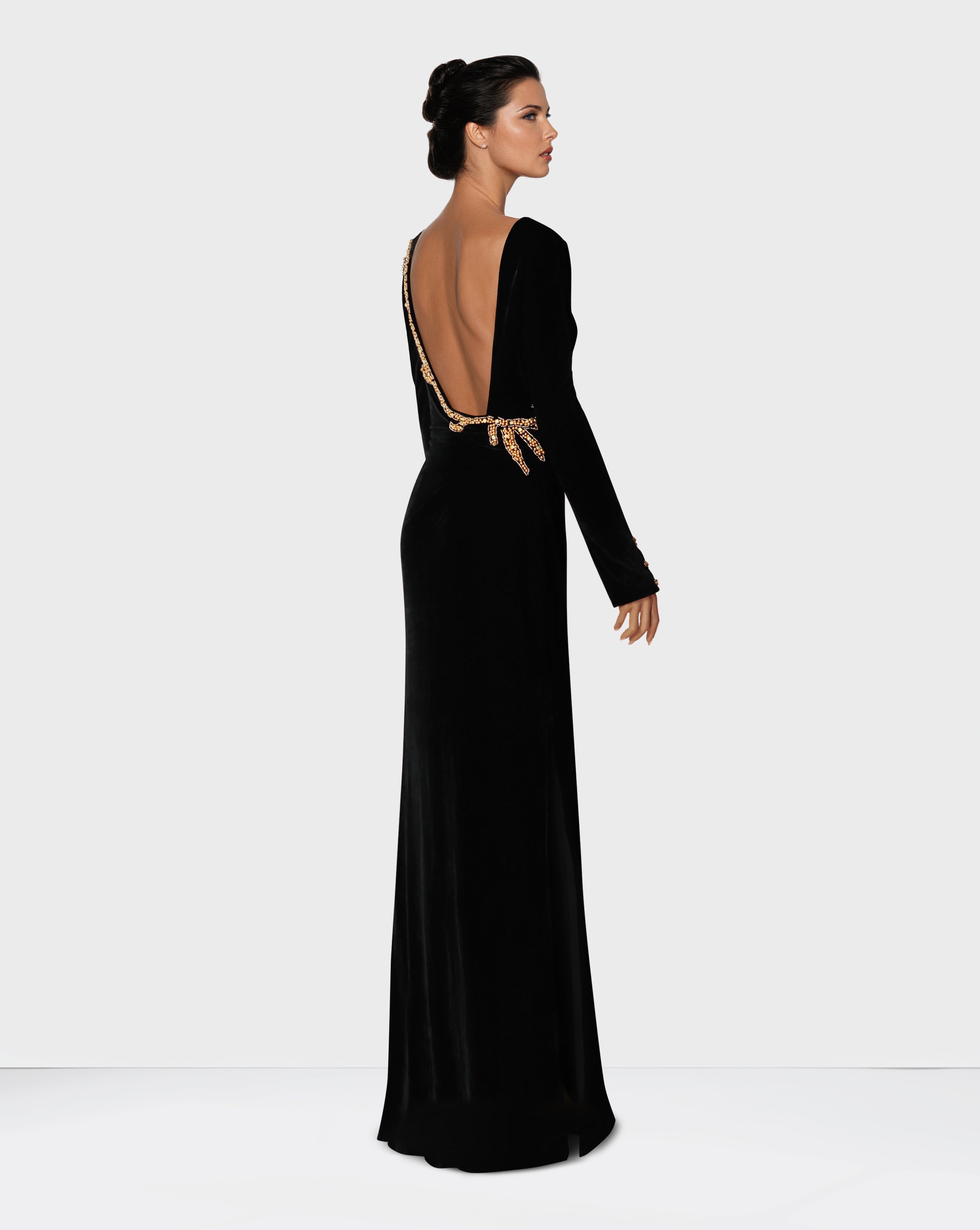 Long sleeve black velvet column dress with back neckline - Shevalini