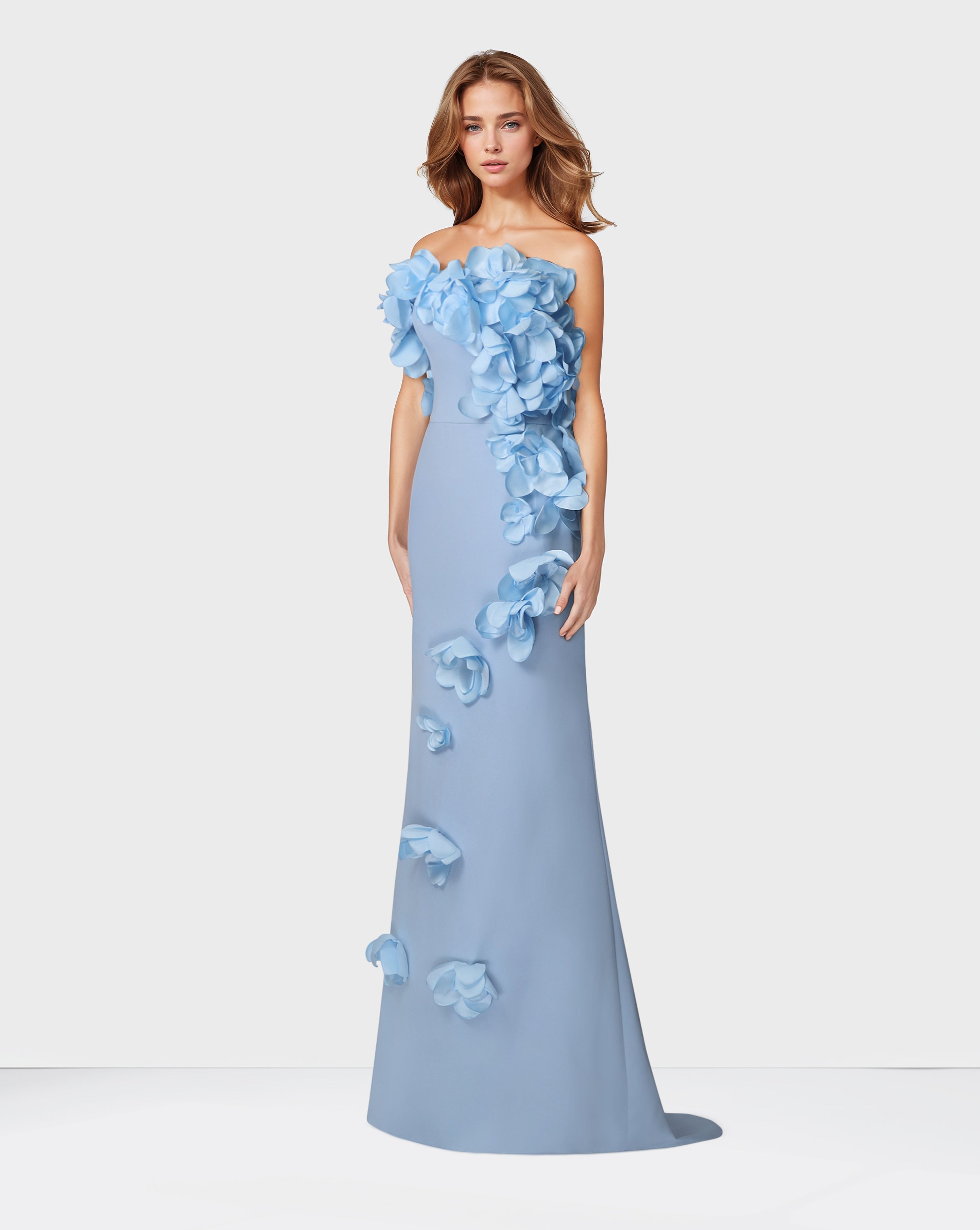 Strapless sky blue dress with 3d flowers -Zhavia